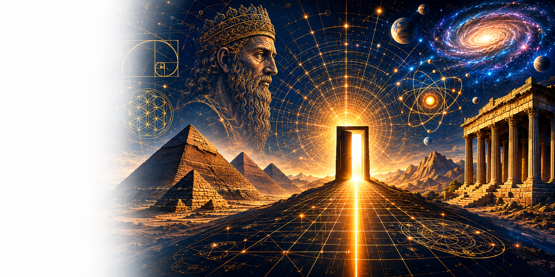 Cosmic and classical montage with pyramids, ancient architecture, geometry, a galaxy and a glowing doorway
