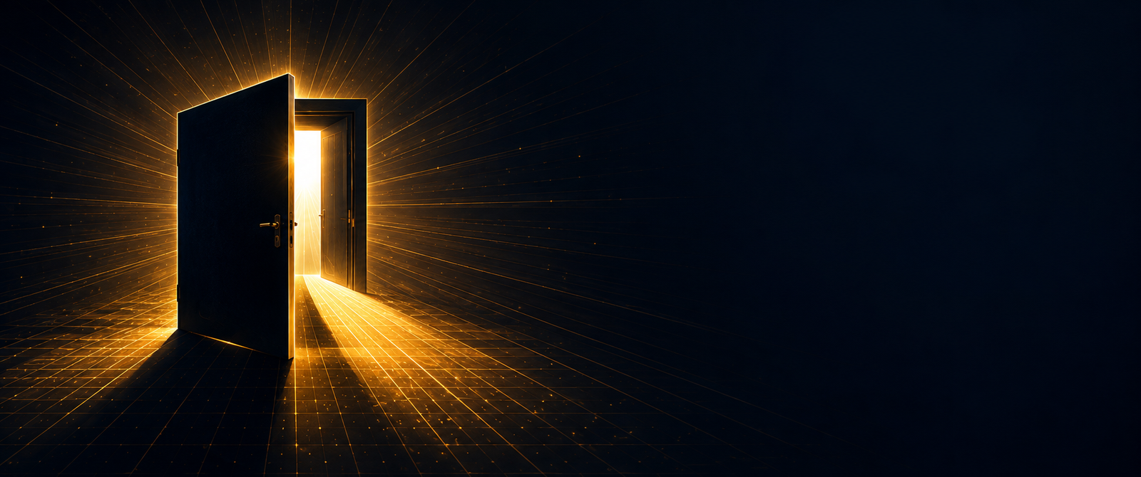 Open doorway radiating golden light into a dark space